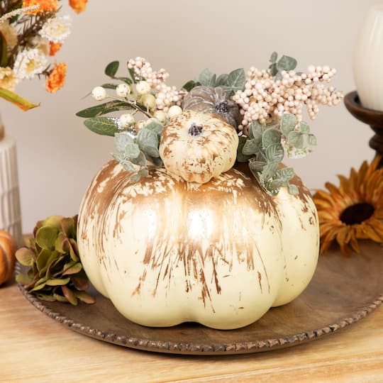 10" White & Gold Pinecone & Pumpkin Tabletop Décor
